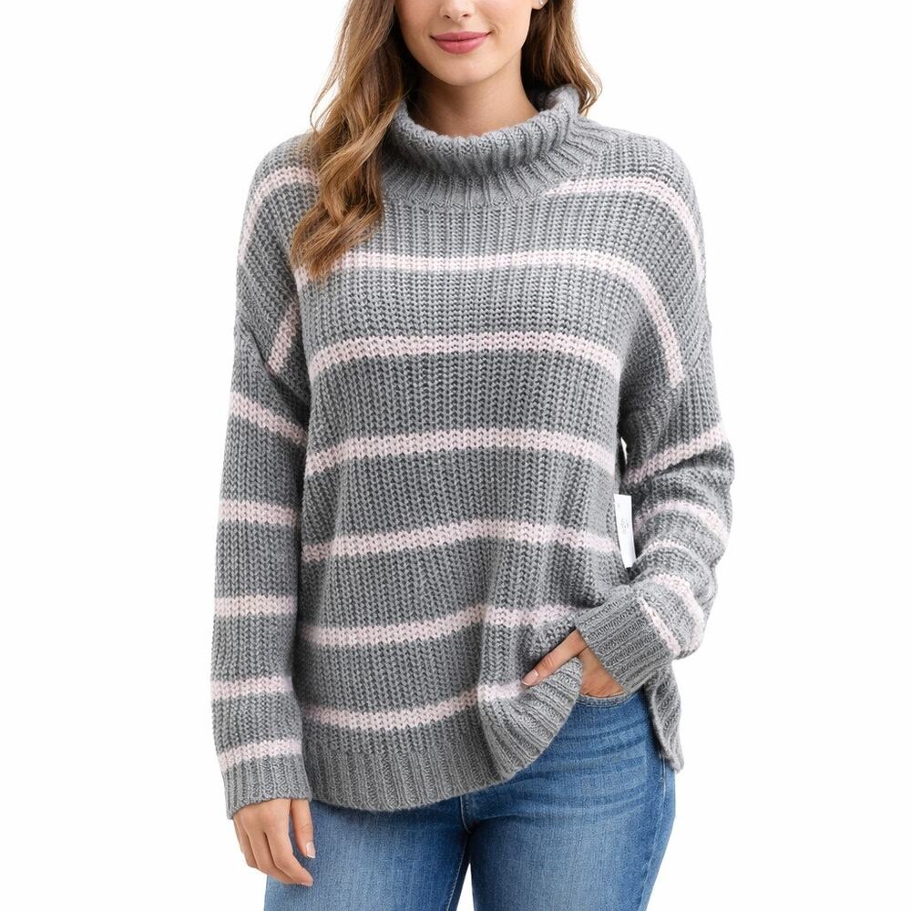 Caslon Womens Large Sweater Gray Pink Stripe Mock Neck Chunky Knit NWT